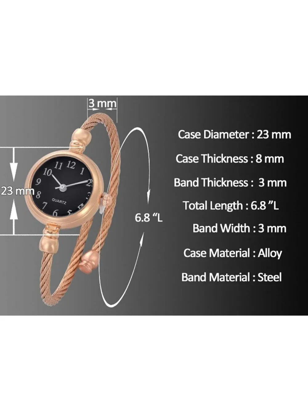 Women's Black Analog Quartz Stainless Steel Arabic Numerals Wrist Bracelet Watch
